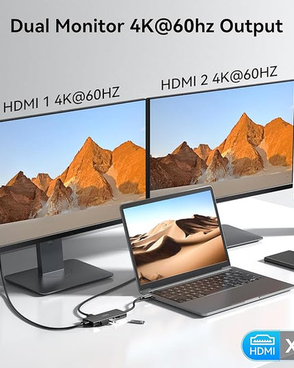 HODO Docking Station USB C to Dual HDMI Adapter, USB-C Hub with 2 Monitors for Laptop, Dongle Adapter with Dual HDMI 4K@60 Hz, 3 USB Port,PD Compatible for Dell XPS 13/15, etc (Black)