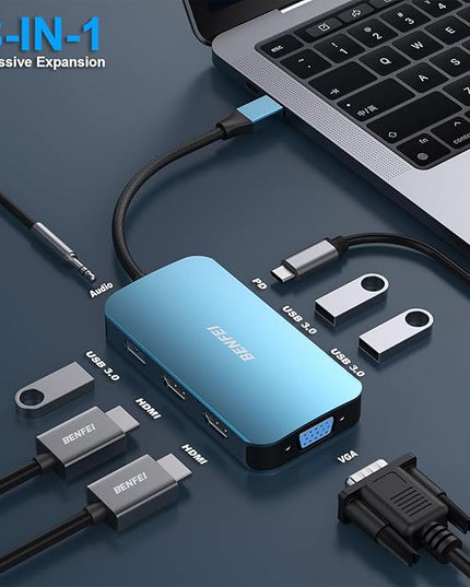 BENFEI USB C Docking Station, 8-in-1 USB C Hub with Triple Display Dual HDMI, VGA, 3*USB 3.0, 100W Power Delivery, 3.5mm AUX Audio Compatible with MacBook Pro, XPS and More