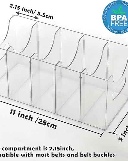 Belt Organizer - Clear Stackable Belt holder for Closet and Drawer Storage - 5 Compartments with Removable Dividers, Multi-Purpose Display Bins With Inserts For Ties, Socks, underwear (1)