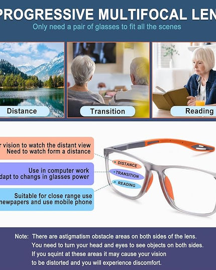 BLOEXCLU 4 Pack Progressive Multifocus Reading Glasses for Men Women TR90 Sports Style Anti-Blue Light Computer Readers