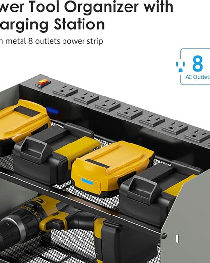 CCCEI Modular Power Tool Organizer Wall Mount with Charging Station. Garage Drill Storage Shelf with Hooks, Heavy Duty Rack, Tool Battery Holder Built in 8 Outlet. Gift for Men. Grey, 1 Pack.