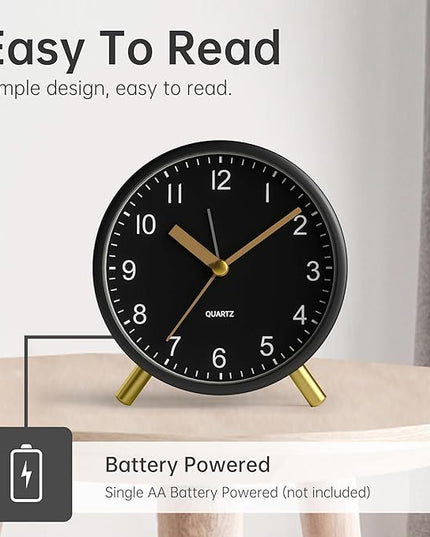 Analog Alarm Clock, 4 inch Super Silent Non Ticking Small Clock with Night Light, Battery Operated, Simple Design, easy setting for Office, Bedroom, Bedside, Desk, teens, elders, kids, adult, Black