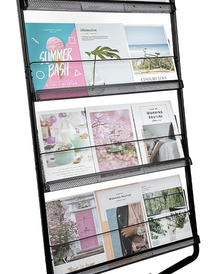 Tongmo Floor-Standing Magazine Rack 4-Layer with Wheels, Brochure Display Stand, High-hardness metal for Office,Exhibitions, and Any Organization Requiring Information Display (black)
