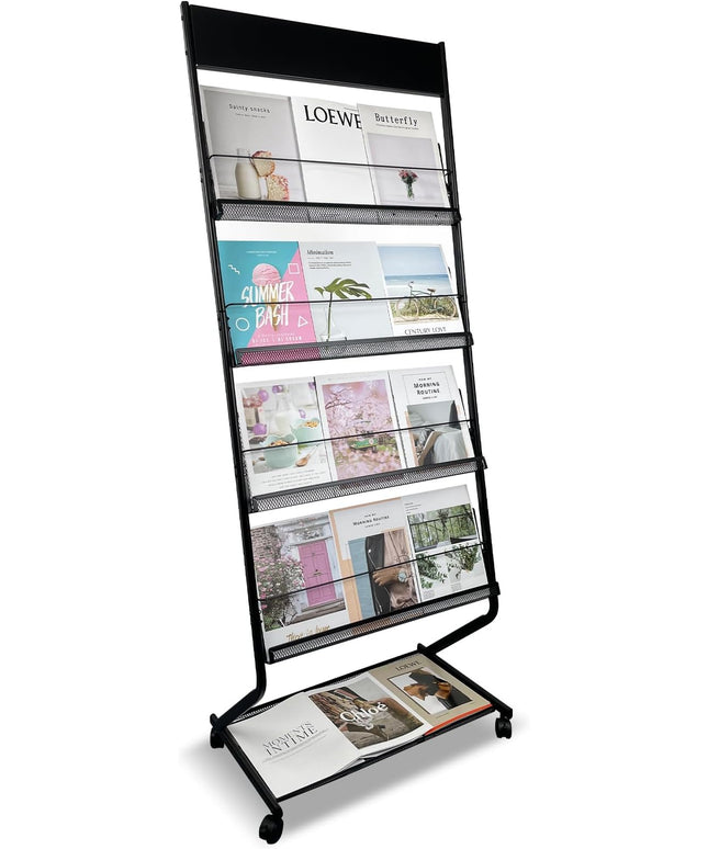 Tongmo Floor-Standing Magazine Rack 4-Layer with Wheels, Brochure Display Stand, High-hardness metal for Office,Exhibitions, and Any Organization Requiring Information Display (black)