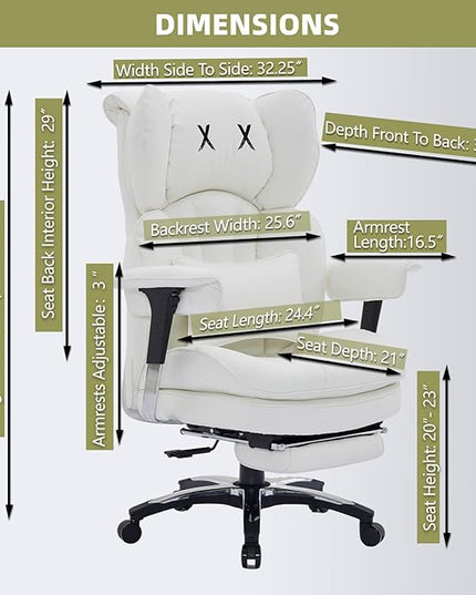 Efomao White Big and Tall Office Chair with Footrest – Ergonomic High-Back Computer Chair with Adjustable Armrests, Wide Seat – Modern Home Office, Gaming & Study Chair for Young Professionals