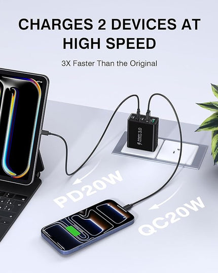[2-Pack] USB C Wall Charger, 60W Type C Charger Block 5-Port Fast Charging Blocks,3USB C+2USB A Multiport Plug,PD Power Adapter Brick Cube for iPhone 17/16/15/14/13/Pro,iPad,Samsung,for Switch（Black）