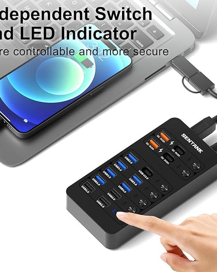 Powered USB Hub,14 Ports USB Data Hub Splitter with 6 USB 3.0 Port,4 Charging Port,1 USB-C 3.0 Data Port,1 PD 60W Charging Port w LED Individual On/Off Switches for MacBook,Mac Pro,Laptop/PC