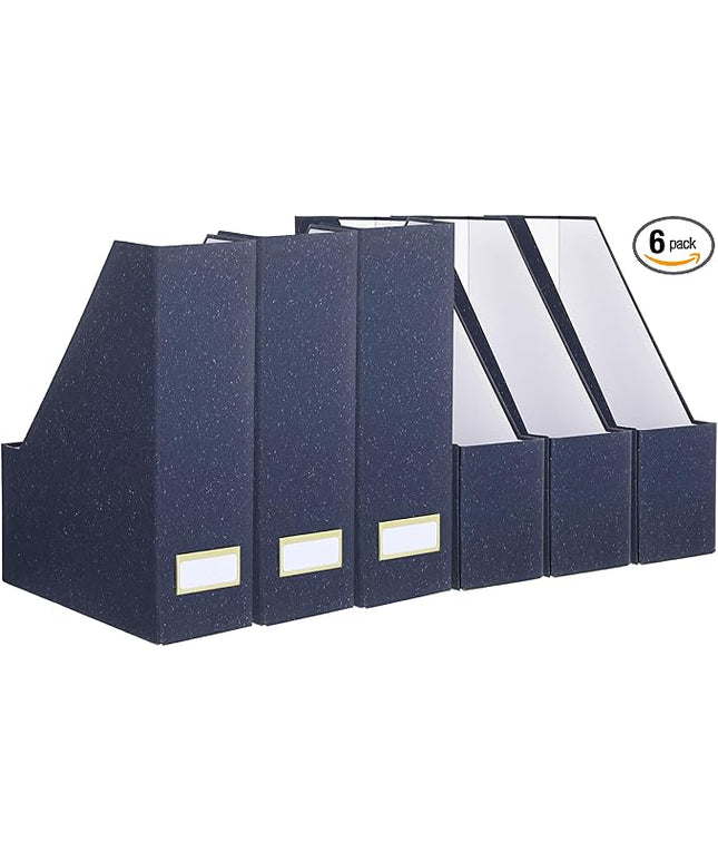 Gueevin Set of 6 Magazine File Holder Stylish Sturdy Cardboard File Boxes Desk Magazine Organizer Rack with Gold Label Holder to Organize Your Desk or Shelves for Home Classroom Office Library(Blue)