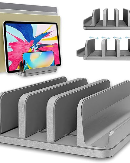 Vertical Laptop Stand Holder 5 Slots, Aluminum Space-Saving Laptop Holder, Adjustable Size Dock Tabletop Desk Organizer 3 Slot + 2 for Apple MacBook/Surface/PC/Tablet/iPad/iPhone (Space Gray)