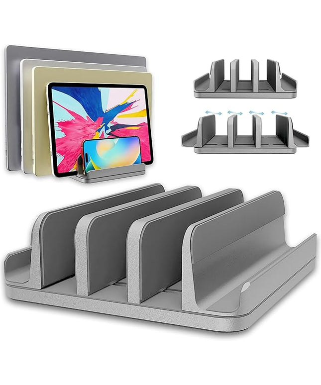 Vertical Laptop Stand Holder 5 Slots, Aluminum Space-Saving Laptop Holder, Adjustable Size Dock Tabletop Desk Organizer 3 Slot + 2 for Apple MacBook/Surface/PC/Tablet/iPad/iPhone (Space Gray)