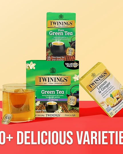 Twinings Green Tea with Jasmine Individually Wrapped Bags, 100 Count (Pack of 1), Fragrant Floral Scent, Caffeinated, Enjoy Hot or Iced, 100 Teabags
