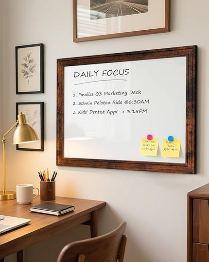White Board for Wall, 24'' x 18'' Magnetic Dry Erase Board, Decorative Whiteboard, Brown Vintage Wooden Frame