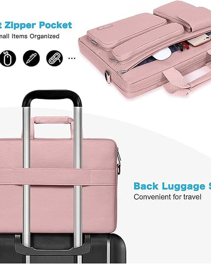 MOSISO Laptop Shoulder Bag 15.6 inch, 15-15.6 inch Computer Bag Compatible with MacBook Pro 16 inch, HP, Dell, Lenovo, Notebook with 2 Raised&1 Flapover&1 Horizontal Pocket&Handle&Belt, Pink