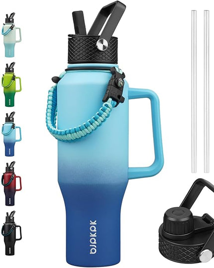 BJPKPK Insulated Water Bottles with Straw Lid, 35oz Metal Water Bottle with 2 lids & Paracord Strap, Double Wall Stainless Steel Tumbler with Handle, Reusable Cups, Mugs, Thermo, Sky