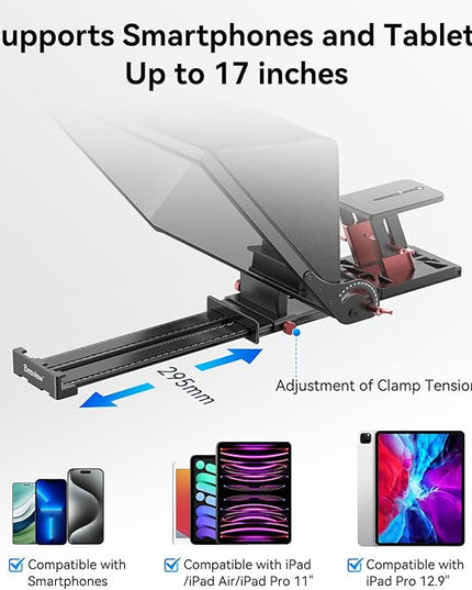 Desview P17 Portable Teleprompter for Camera Video Recording, Foldable Auto-Scrolling Prompter with Wireless Remote Sunshade & Tripod Mount Compatible with iPhone Android Tablet