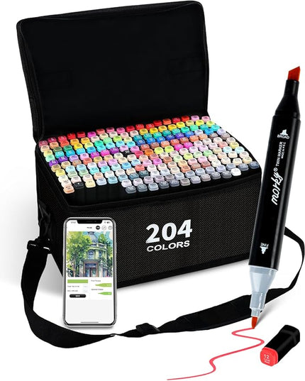 204 Colors Alcohol Markers with Free App, Chisel & Fine Tip Alcohol-Based Marker Set for Adults, Dual Tip Artist Markers for Drawing, Coloring Illustration, Painting and Great Gift Idea