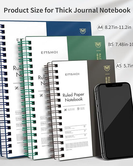 EMSHOI A5 Spiral Notebook College Ruled Lined Journal, Small 5.7" X 8.22", 300 Pages/150 Sheets, 100gsm Thick Paper, Waterproof Hardcover, for Office School Women Men Work Writing Notes, Blue