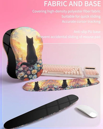 Hokafenle 2in1 Combination, Wave Keyboard Wrist Rest and Ergonomic Curvature Mouse Pad Wrist Support for Relieve Wrist Pain, Filled with Soft Cushion Memory Foam, Wishing Cat
