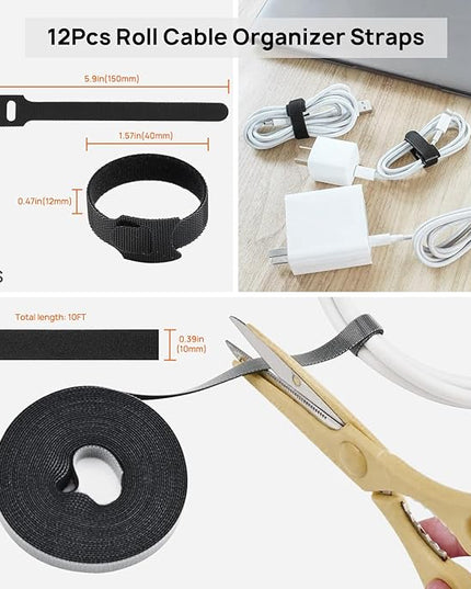 Cable Management Kit - 4 Cable Sleeve, 57 Self Adhesive Cable Clips, 12 Hanging Strips, 12 Cable Organizer Straps and 100 Fastening Cable Ties for TV Computer Under Desk (Black and White)
