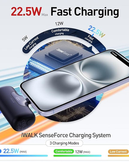 iWALK Portable Charger 5500mAh Next-Gen Small Power Bank 22.5W Fast Charging Battery USB-C Portable Phone Charger for iPhone 17/16/15 17 Plus 17 Pro Max iPad, Samsung Galaxy S25 S24 S23 Android, Black