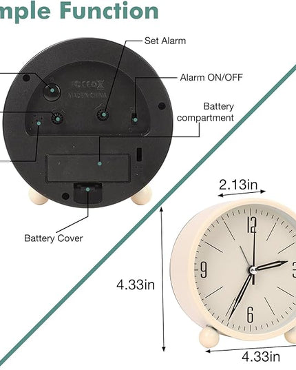 Blusaryme Analog Alarm Clock - 4 Inch Super Silent Non-Ticking, Battery Operated Small Clock with Night Light, Elegant Bedside Desk Clock for Bedroom, Living Room, Office, Student Gift