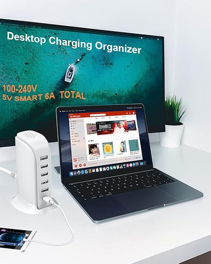 Charging Station for Multiple Devices 40W Upoy, Wall Charger Block 5 USB Ports(Shared 6A), USB Charging Hub Smart IC, Charger Tower with Type-C 3A for iPhone iPad Tablets Smartphones, Home Office Use