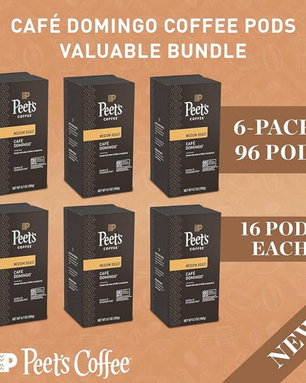 Peet’s Café Domingo Coffee Pods – 96 Count (6 Packs of 16) – Medium Roast with Smooth, Balanced Flavor and Aromatic Finish – Compatible with Pelecom Coffee Machines