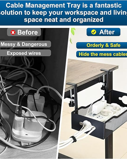 Large Under Desk Cable Management Tray - Heavy Duty Metal Cord Organizer with No Drill Installation for Office & Home Office Desks to Hide Wires & Power Strips (Black, XL)