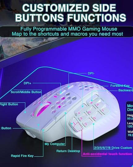 SOLAKAKA SM809 Pro Gaming Mouse with 9 Side Buttons,24000 DPI RGB Mouse for Gamer,16 Programmable Macros MMO Mouse,White