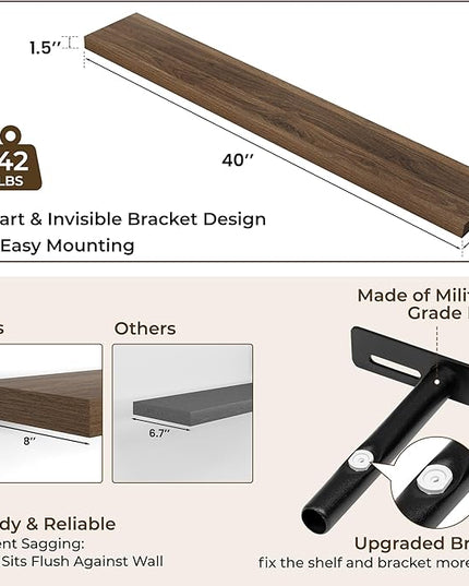 RICHFOCUS 40Inch Floating Shelves for Wall 2 Pack Shelves for Bedroom|Kitchen|Bathroom Wall Mounted Rustic Wood Floating Shelf with Invisible Brackets for Books|Storage|Decor, Walnut