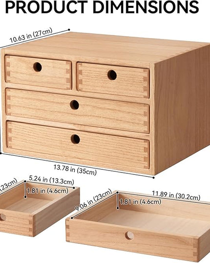 Kirigen Natural Wood Desktop Organizers with Drawers - Home Workspace Office Supplies Wooden Storage Box Shelf Case - Hold Makeup Box (NA, 3-Layer &4 Drawers)
