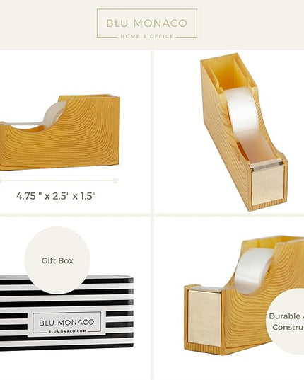 BLU MONACO | Acrylic Tape Dispenser with Woodgrain Surface | Desktop Tape Cutter with Smooth Blade and Non Slip Base | Fits Standard and Large Rolls Desk Accessory