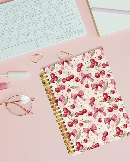 JKMBN Coquette Pink Bow Cherry Spiral Notebook for Women Girls, Vintage Journaling Notebooks, Cute Pink Notebook Journal, Pink Office Supplies, Hardcover Spiral Lined Notebook 5.5 x 8.3