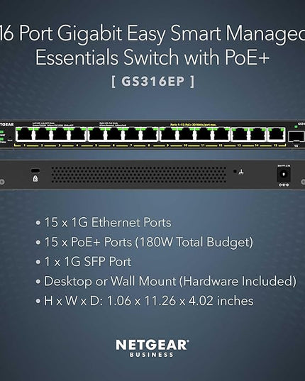 NETGEAR 16-Port PoE Gigabit Ethernet Easy Smart Managed Essentials Switch (GS316EP) - Managed, with 15 x PoE+ @ 180W, 1 x 1G SFP Port, Desktop or Wall Mount