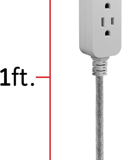 GE 3-Outlet Power Strip Mini Extension Cord with Multiple Outlets 5 Inch Braided Short Cord Extension Cord Grounded Flat Plug Extension Cord ETL Listed Gray 53199