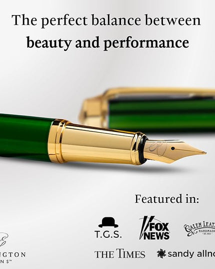 Ellington Pens Luxury Fountain Pen Set - Smooth Medium Nib - Includes 3 Ink Cartridges, Refillable Ink Converter, Box - Fountain Pens For Writing, Calligraphy, Journaling, Sketching (Emerald Enigma)