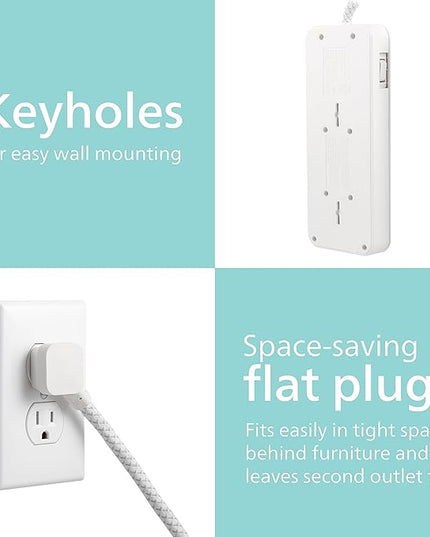 Philips 6-Outlet Surge Protector with Multiple Outlets, 8 Ft, Braided Cord,1080 Joules, Adapter-Spaced, White, SPC6066WB/37
