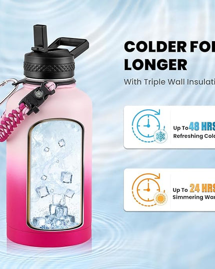 Insulated Water Bottle 64 oz, Triple Wall Vacuum Stainless Steel (Cold for 48 Hrs), Leak Proof & Non-BPA, Half Gallon Water Flask Jug with Paracord Handle & Straw Spout Lids, Ombre Pink