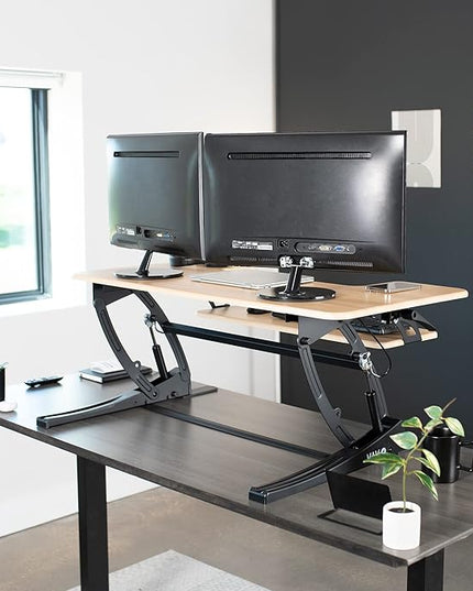 VIVO 42 inch Height Adjustable Stand Up Desk Converter, V Series, Quick Sit to Stand Tabletop Dual Monitor Riser Workstation, Light Wood Top, Black Frame, DESK-V000VLO