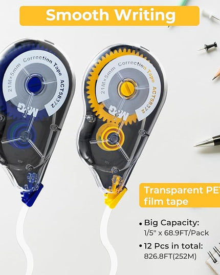 M&G 12 pack 68.9 Feet correction tape,826.8FT/ 252M in total, Correction tape bulk for Office, Note Taking, Journal,Easy to Use Applicator for Instant Corrections