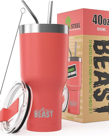 Beast 40 oz Tumbler Stainless Steel Vacuum Insulated Coffee Ice Cup Double Wall Travel Flask (Coral Pink)