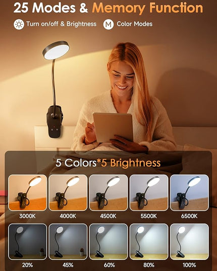 Mubarek Clip on Lamp,5 Brightness+5 Color Clip on Light,200LM 36 LED Reading Lights for Books in Bed,1800mAh Battery Powered Lamp Battery Operated Lights,Rechargeable Desk Lamp with Clamp Light