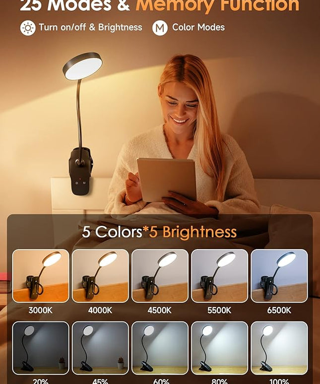 Mubarek Clip on Lamp,5 Brightness+5 Color Clip on Light,200LM 36 LED Reading Lights for Books in Bed,1800mAh Battery Powered Lamp Battery Operated Lights,Rechargeable Desk Lamp with Clamp Light