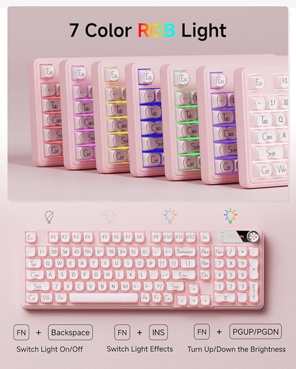 V102 Wired Keyboard, 98 Keys Creamy Gaming Keyboard with Number Pad, Display Screen & Media Knob RGB Silent Wired Cute Computer Keyboard for Laptop PC Gamer - Pink