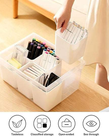 loobuu Plastic Storage Bins with Lids, Art Craft Supply Organizer Box with Brush Pot, Multipurpose Stackable Storage Containers for Organizing Tool, Craft, Crayon,Sewing(White)
