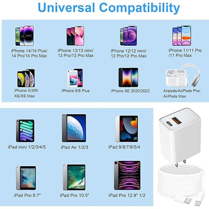 USB C Wall Charger,Dual Port 10FT iPhone Charger 20W PD+QC3.0 Power Adapter Fast Charging Block Plug with 10ft USB C to Lightning Cable for iPhone 14/14 Pro/14 Pro Max/13/12/11/Pro Max/XS/XR/X/AirPods