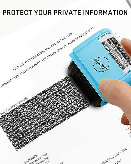 Miseyo Wide Identity Theft Protection Roller Stamp Set - Blue (3 Refill Ink Included)
