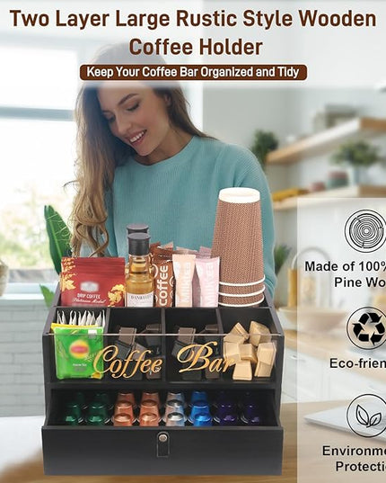 Intarsio 2-Tier Coffee Bar Organizer with Clear Acrylic Top, Built-in Drawer and Leather Handle Pull for Countertop, Stylish Coffee Station Storage Box for Accessories, Pods, Great Gifts for Home