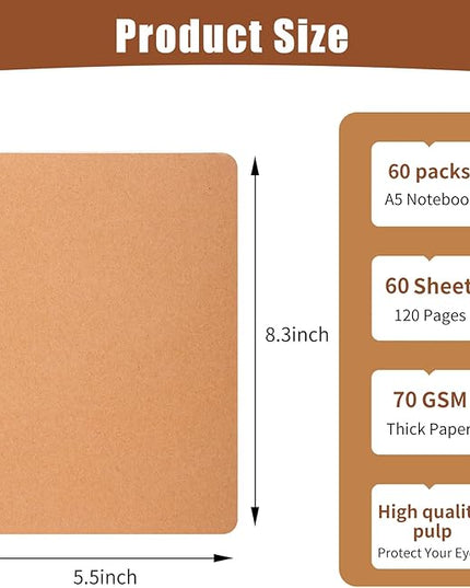 miikoul 60 Packs A5 Spiral Lined Notebooks, Kraft Paper Cover, 8.3"×5.5", 60 Sheets/120 Pages, Ruled Notebooks Bulk, Hardcover Journal Notepad Travel Notebooks for Office and Back to School Supplies