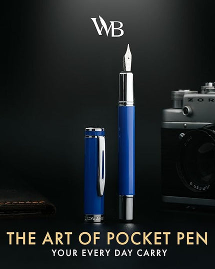 Wordsworth and Black Fountain Pen Mini EDC: Luxury Blue Heavy Pocket Pen, Chrome Finish, Medium Nib, 6 Ink Cartridges, Ink Converter, Travel Refillable Writing Pen Gift Set, Men & Women